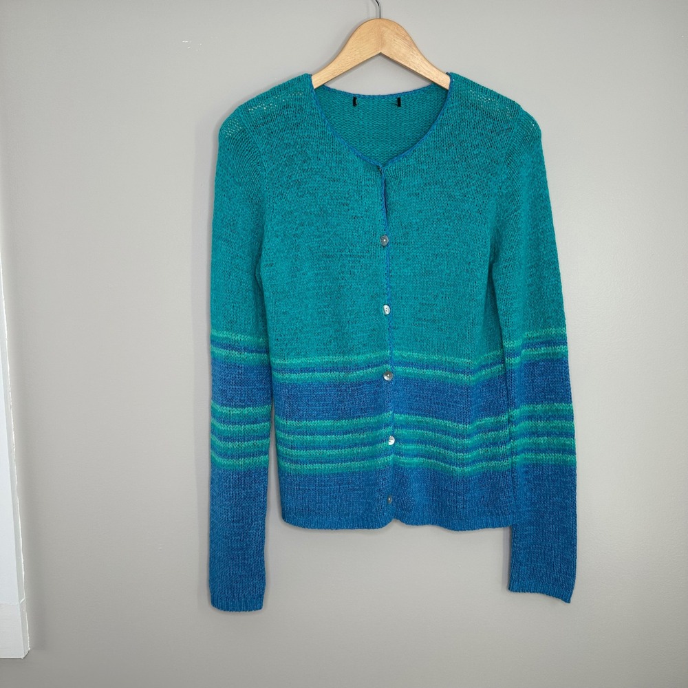 Vintage Women's 90's Teal Blue Knit Cardigan Sweater‎ Striped Button Down Casual
